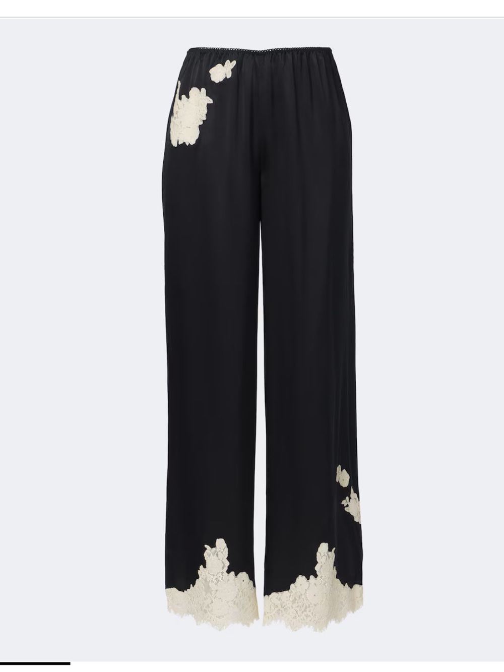 Doen Black Wide-Leg Satin Pants with Cream Lace Appliqué